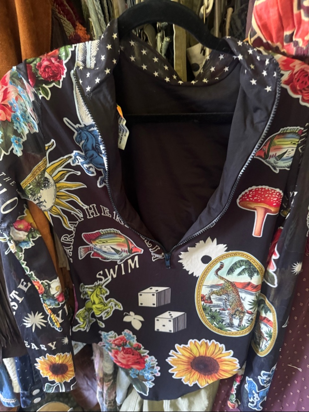 Agua Bendita Black Multi-Graphic Long-Sleeve Bodysuit/swimsuit. Sheer sleeves. - Picture 3 of 4